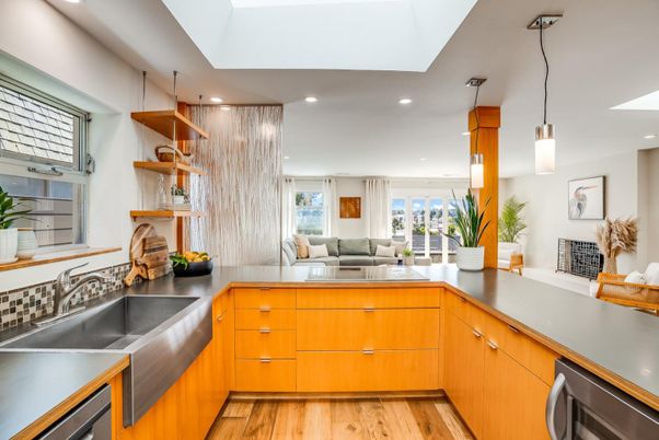 Interior, Kitchen, Living room, Pendant Lights, Recessed Lighting, Wood Texture Flooring