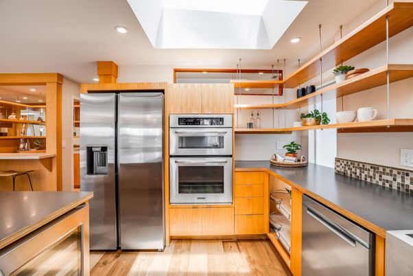Interior, Kitchen, Recessed Lighting, Stainless Steel Appliances, Wood Texture Flooring