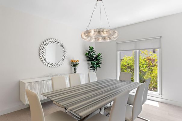 Dining room, Interior, Pendant Lights, Wood Texture Flooring
