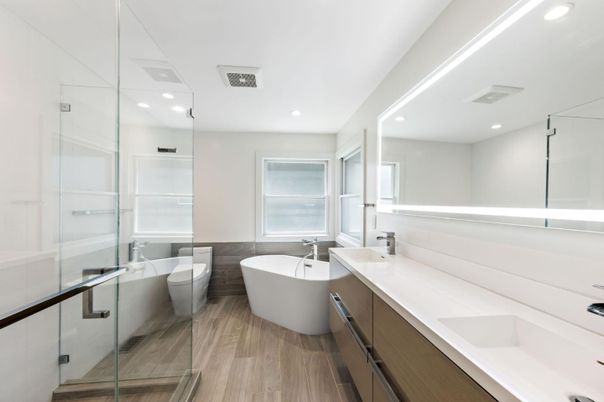 Bathroom, Dual Sink Vanities, Free Standing Baths, Glass Shower, Interior, Recessed Lighting, Walk-in Closets, Wood Texture Flooring