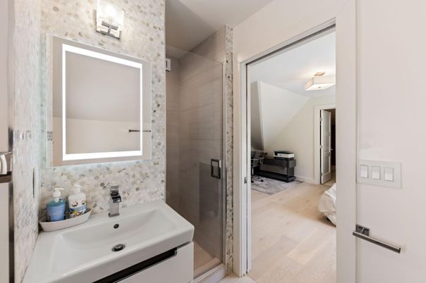 Bathroom, Glass Shower, Interior, Wood Texture Flooring