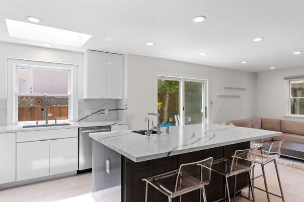 Interior, Kitchen, Marble Walls, Recessed Lighting, Stainless Steel Appliances