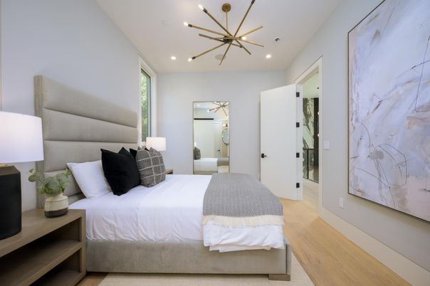 Bedroom, Interior, Pendant Lights, Recessed Lighting, Wood Texture Flooring