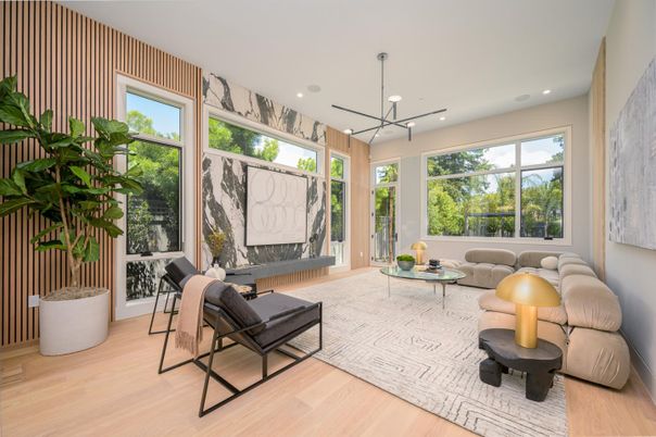 Interior, Living room, Pendant Lights, Recessed Lighting, Wood Texture Flooring