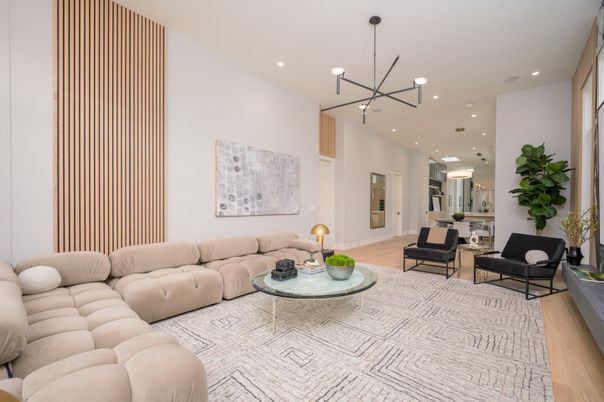 Interior, Living room, Pendant Lights, Recessed Lighting, Wood Texture Flooring