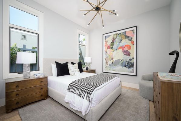 Bedroom, Interior, Pendant Lights, Recessed Lighting, Wood Texture Flooring
