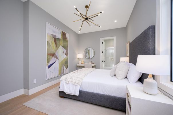 Bedroom, Interior, Pendant Lights, Recessed Lighting, Wood Texture Flooring