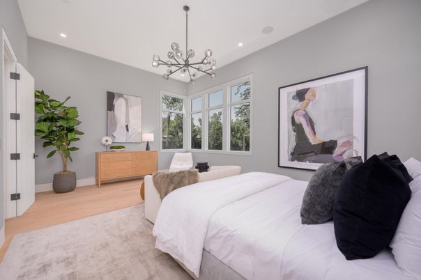 Bedroom, Interior, Pendant Lights, Recessed Lighting, Wood Texture Flooring