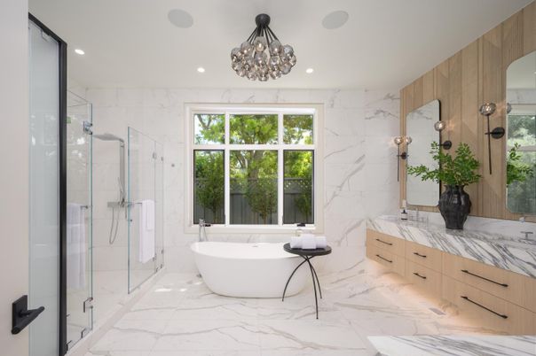 Bathroom, Free Standing Baths, Glass Shower, Interior, Marble, Marble Walls, Pendant Lights, Recessed Lighting