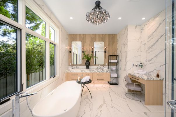 Bathroom, Dual Sink Vanities, Free Standing Baths, Interior, Marble, Marble Walls, Pendant Lights, Recessed Lighting