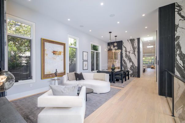 Dining room, Interior, Living room, Pendant Lights, Recessed Lighting, Wood Texture Flooring