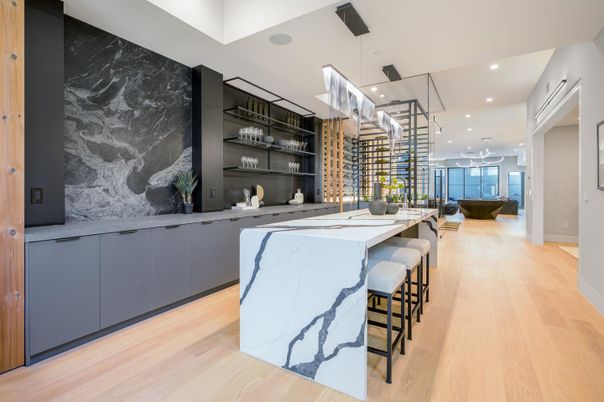 Interior, Marble Walls, Pendant Lights, Recessed Lighting, Wine Storage, Wood Texture Flooring