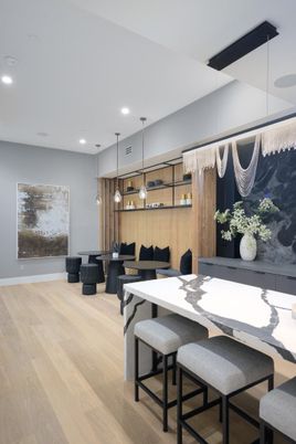 Dining room, Interior, Pendant Lights, Recessed Lighting, Wood Texture Flooring