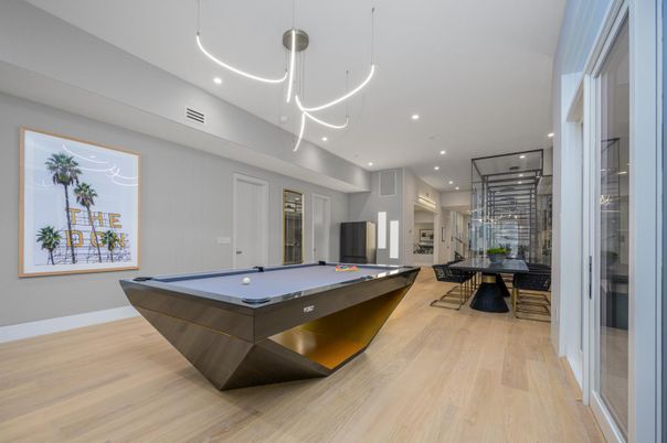 Billiard Table, Game Room, Interior, Pendant Lights, Recessed Lighting, Wood Texture Flooring