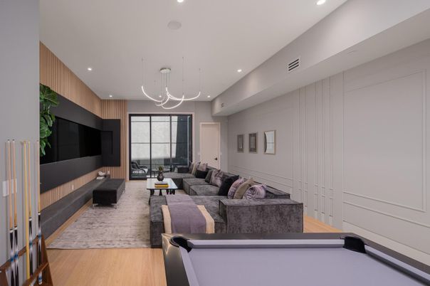 Billiard Table, Fireplace, Game Room, Interior, Living room, Pendant Lights, Recessed Lighting, Wood Texture Flooring, Wooden Walls
