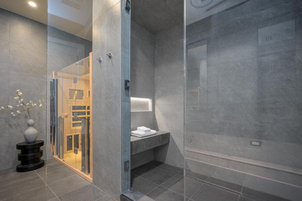 Bathroom, Glass Shower, Interior, Recessed Lighting