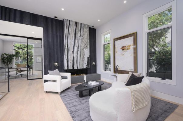 Dining room, Fireplace, Interior, Living room, Pendant Lights, Recessed Lighting, Wood Texture Flooring