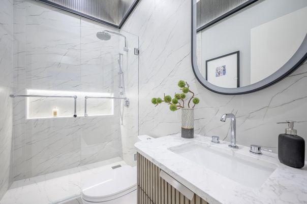 Bathroom, Glass Shower, Interior, Marble Walls