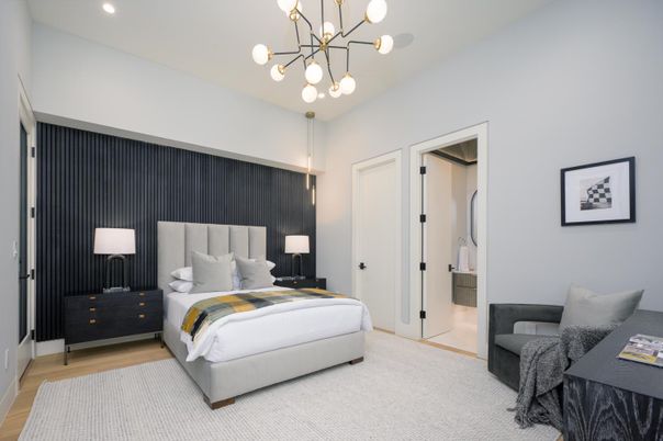 Bedroom, Interior, Pendant Lights, Recessed Lighting, Wood Texture Flooring