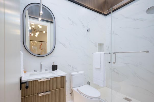 Bathroom, Glass Shower, Interior, Marble Walls