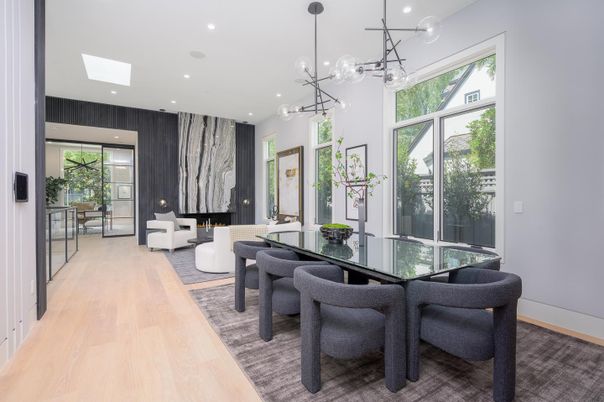 Dining room, Fireplace, Interior, Living room, Pendant Lights, Recessed Lighting, Wood Texture Flooring