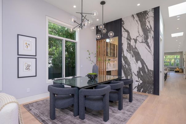Dining room, Interior, Pendant Lights, Recessed Lighting, Wood Texture Flooring