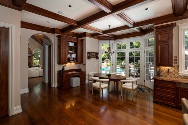Dining room, Interior, Recessed Lighting, Wooden Beams, Wood Texture Flooring