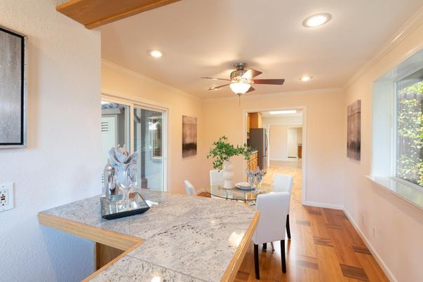 Dining room, Interior, Recessed Lighting, Wood Texture Flooring