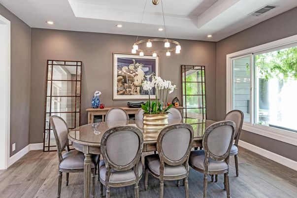 Dining room, Interior, Pendant Lights, Recessed Lighting, Wood Texture Flooring