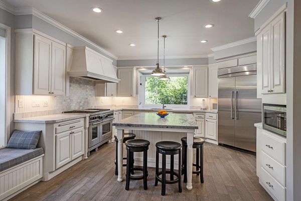 Interior, Kitchen, Pendant Lights, Recessed Lighting, Stainless Steel Appliances, Wood Texture Flooring