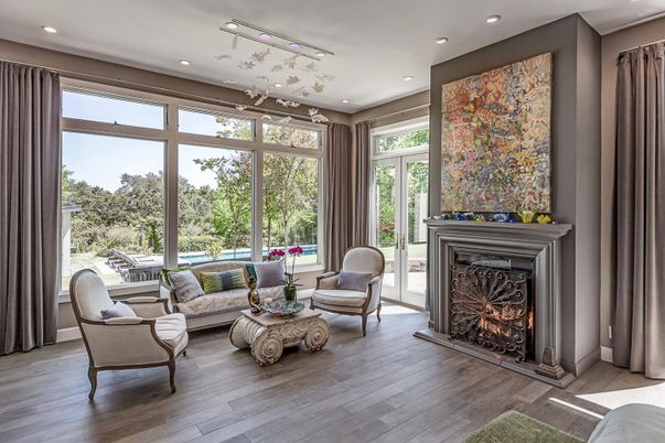 Fireplace, Interior, Living room, Recessed Lighting, Wood Texture Flooring