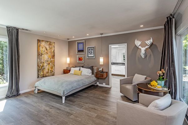 Bedroom, Interior, Pendant Lights, Recessed Lighting, Wood Texture Flooring