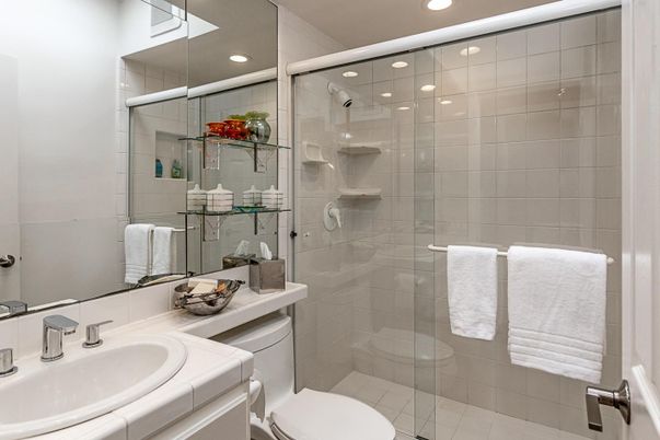 Bathroom, Glass Shower, Interior, Recessed Lighting, Tile Countertops