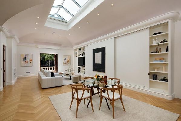 Dining room, Glass Ceilings, Interior, Living room, Recessed Lighting, Wood Texture Flooring