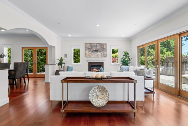 Dining room, Fireplace, Interior, Living room, Recessed Lighting, Wood Texture Flooring