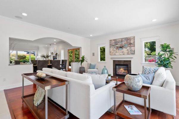 Fireplace, Interior, Living room, Recessed Lighting, Wood Texture Flooring