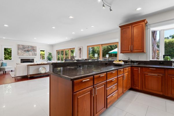 Fireplace, Interior, Kitchen, Living room, Recessed Lighting