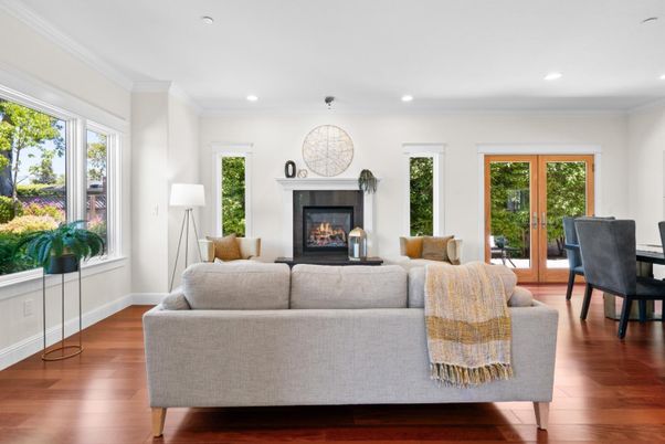 Dining room, Fireplace, Interior, Living room, Recessed Lighting, Wood Texture Flooring