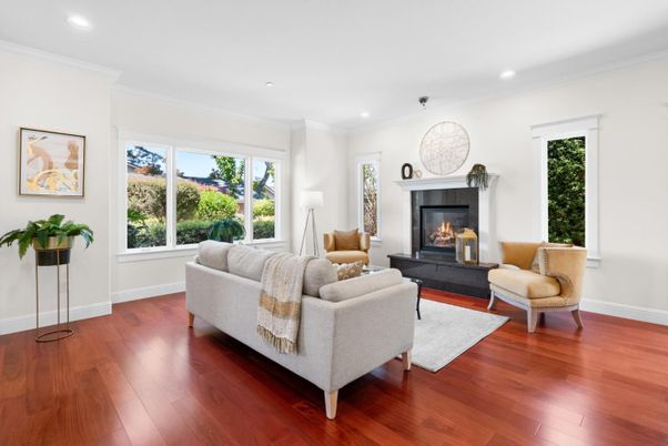 Fireplace, Interior, Living room, Recessed Lighting, Wood Texture Flooring