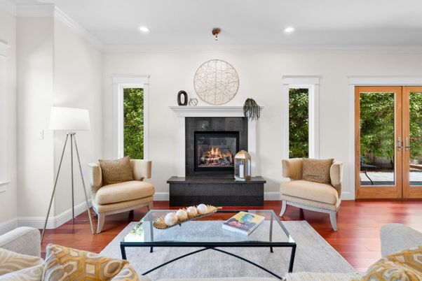 Fireplace, Interior, Living room, Recessed Lighting, Wood Texture Flooring