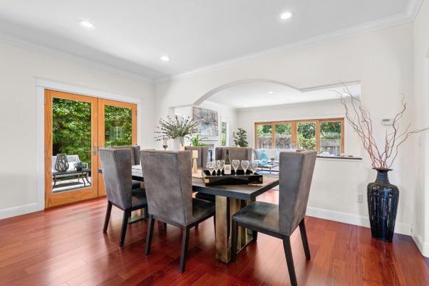 Dining room, Interior, Recessed Lighting, Wood Texture Flooring