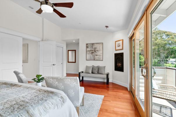 Bedroom, Fireplace, Interior, Recessed Lighting, Wood Texture Flooring