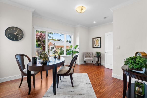 Dining room, Interior, Recessed Lighting, Wood Texture Flooring