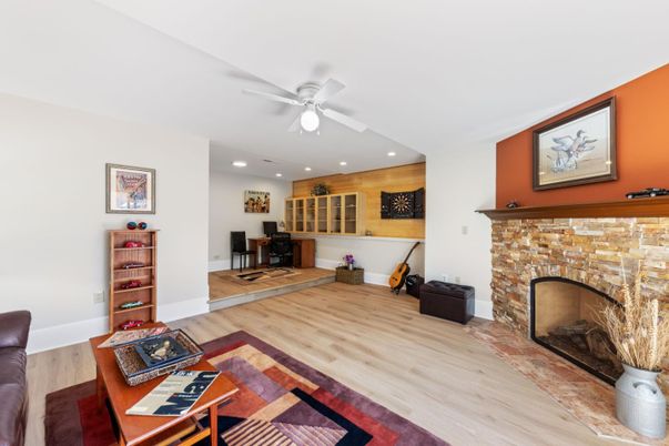 Fireplace, Interior, Recessed Lighting, Wood Texture Flooring