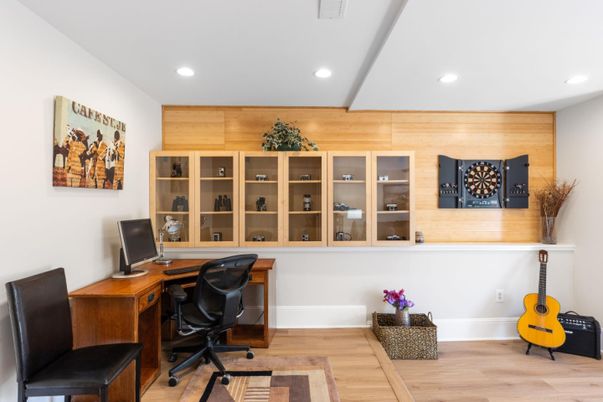 Home Office, Interior, Recessed Lighting, Wood Texture Flooring, Wooden Walls