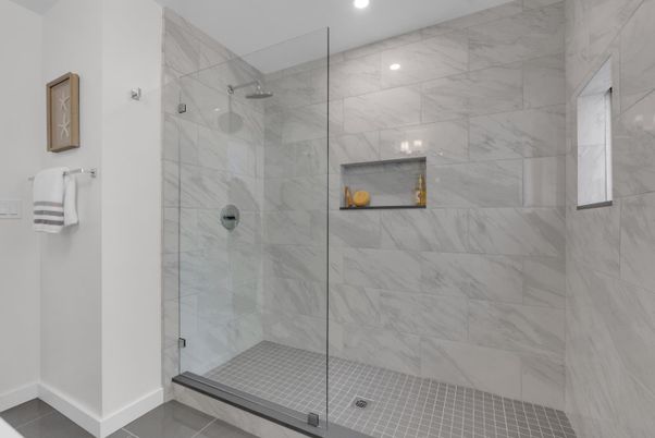 Bathroom, Glass Shower, Interior, Marble Walls, Recessed Lighting