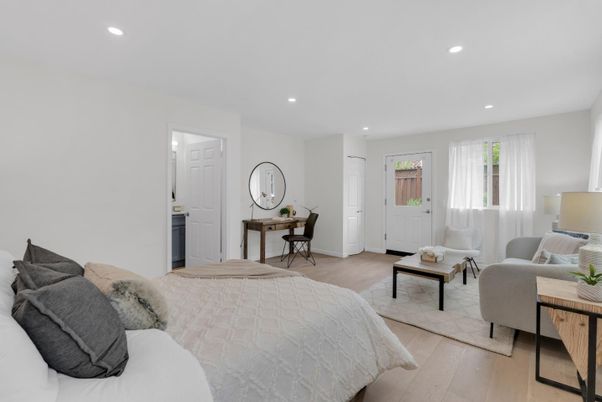 Bedroom, Interior, Recessed Lighting, Wood Texture Flooring