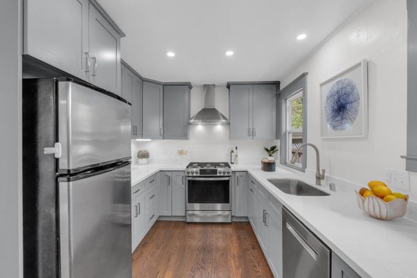 Interior, Kitchen, Recessed Lighting, Stainless Steel Appliances, Wood Texture Flooring