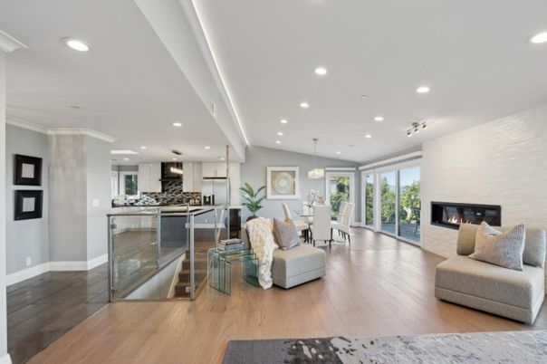 Dining room, Fireplace, Interior, Kitchen, Living room, Pendant Lights, Recessed Lighting, Stainless Steel Appliances, Wood Texture Flooring