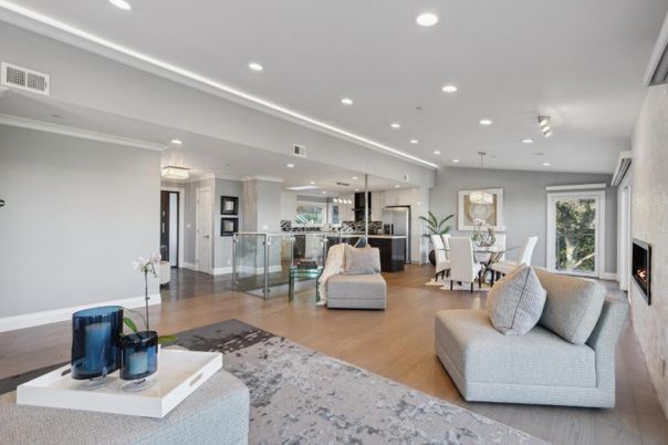 Dining room, Fireplace, Interior, Kitchen, Living room, Pendant Lights, Recessed Lighting, Stainless Steel Appliances, Wood Texture Flooring